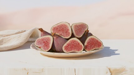 Desert-toned figs sliced on plate, linen cloth, food blog