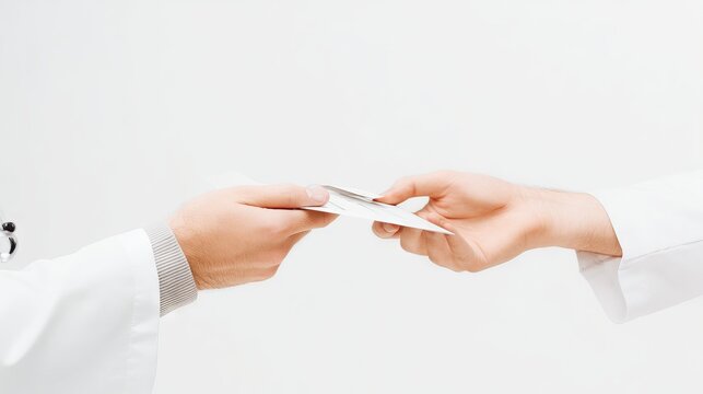 Medical professional in white coat handing over a document to another person, symbolizing the exchange of important information in a healthcare setting