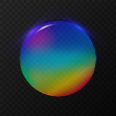 Glass plate with holographic effect. Realistic transparent spherical acrylic glass iridescent with gradient texture. Flying colorful round disc or badge. 3d vector illustration