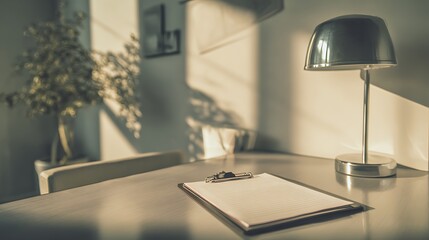 A clipboard with blank paper on a desk next to a lamp and a plant in a bright office space