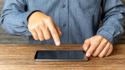 A person using a smartphone on a wooden table in a casual setting