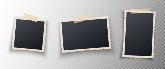 Vintage photo frames with figured edges and adhesive tape. Retro photo card set isolated on transparent background. Frame collection. Vector illustration