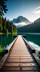 the image showcases a wooden pathway leading to a serene lake surrounded by towering trees. the lake's surface reflects the surrounding forest and sky, creating a mirror like effect