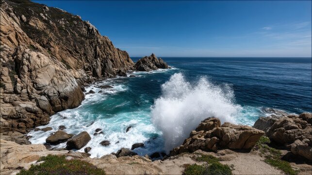 Cliffs and rocky shoreline along the ocean with waves crashing against rocks