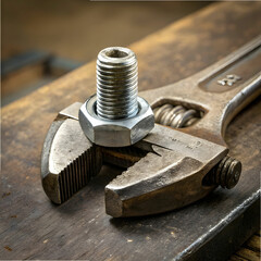 closeup steel screw nut clamped in a wrench