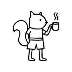 Simple line drawing of a squirrel wearing shorts and holding a steaming mug