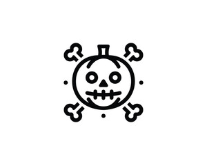 Halloween pumpkin skull and crossbones icon black and white