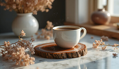 A white cup of coffee on a wood and agate coaster with flowers and a vase in a bright and airy setting