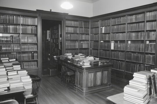 Traditional Library Interior with Full Oak Bookshelves, black and white photo
