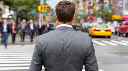 A man in a gray suit stands at a busy city crosswalk with pedestrians and vehicles in the background