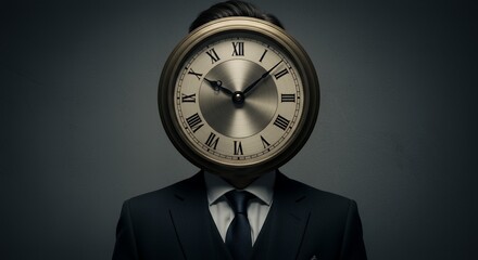 Time's relentless march is symbolized by a businessman whose face is a clock, a powerful image of pressure and deadlines in the corporate world.