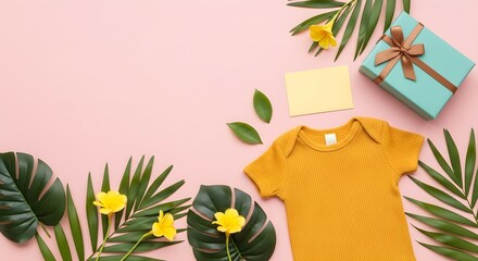 Baby clothes. Newborn bodysuit, tropical palm leaf, monstera leaf, colorful gift box, card. Flat lay on pink background for baby shower.