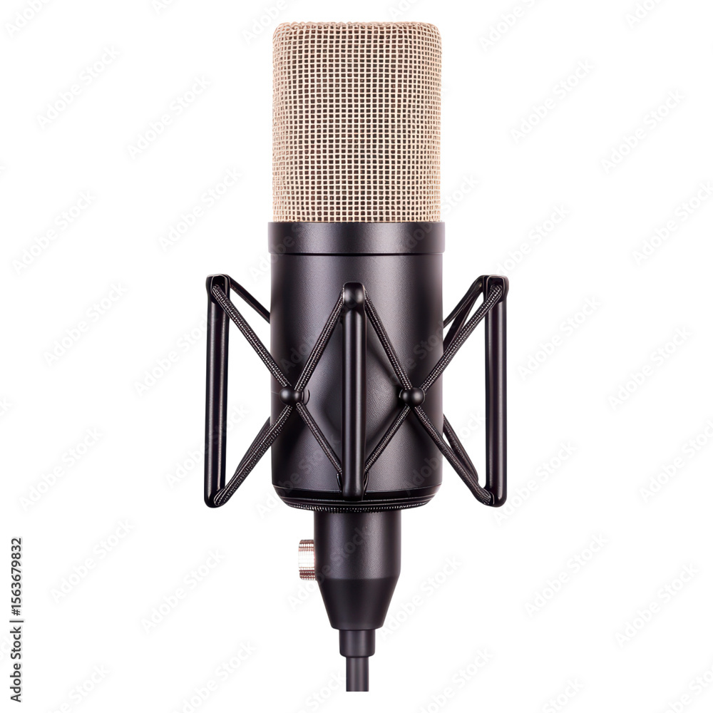 Poster professional studio microphone with mesh pop filter and shock mount design, isolated on transparent 