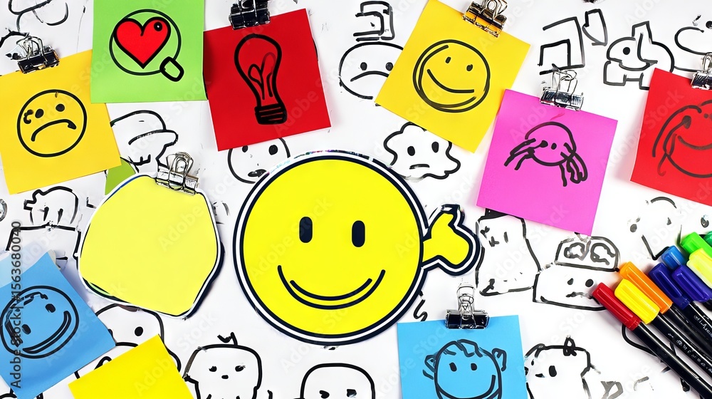Poster colorful sticky notes with various doodles and a large smiling face illustration create a vibrant an