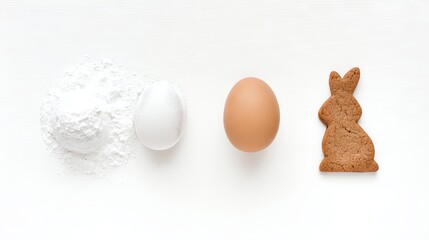 Ingredients for baking displayed on a white surface, featuring flour, eggs, and a gingerbread bunny, creating a festive and inviting atmosphere for culinary creativity