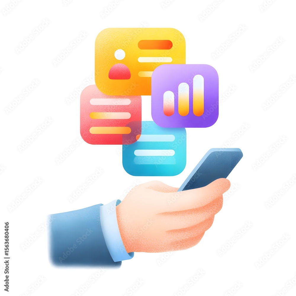 Poster a hand holding a smartphone with floating colorful app icons representing communication, profiles, m
