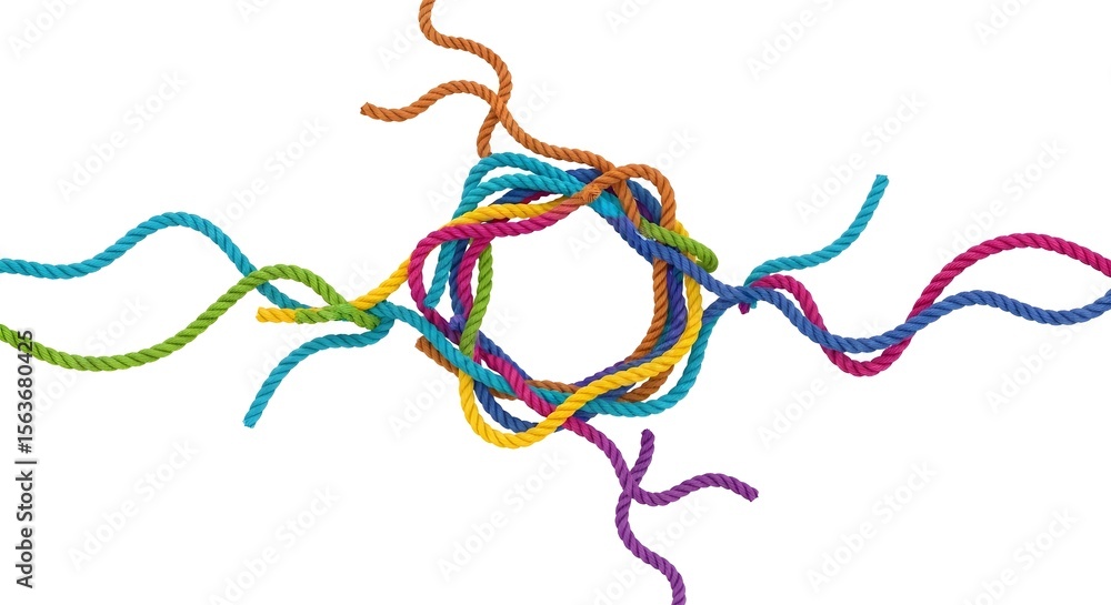 Poster intertwined colorful ropes form a captivating knot against a stark white background, symbolizing con