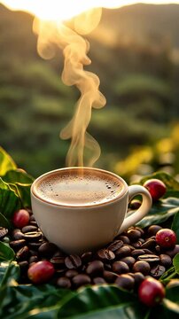 Steaming hot cup of coffee surrounded by roasted and raw beans on green leaves in a lush sunrise outdoor plantation setting