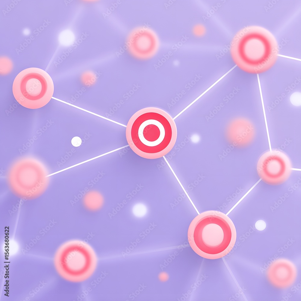 Poster abstract network of interconnected red and pink circular nodes on a soft purple background, represen