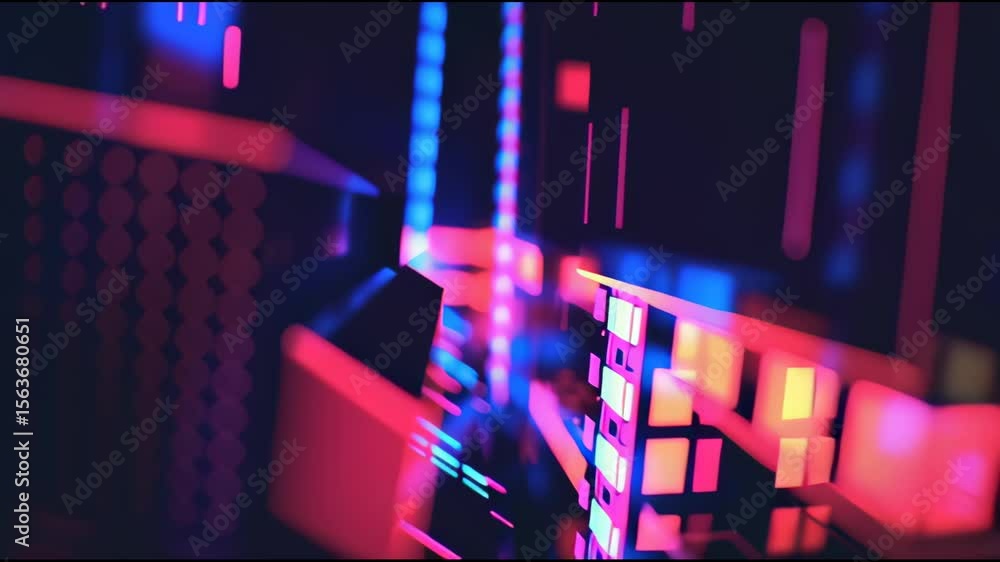 Poster vibrant abstract digital design, colorful neon lights creating dynamic patterns, suitable for tech a