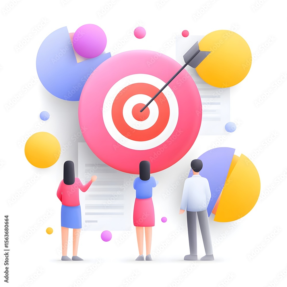 Poster three people observe a large bullseye target with an arrow hitting the center, surrounded by colorfu