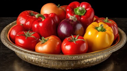 Colorful bell peppers and tomatoes arranged on an ornate silver tray against a dark background