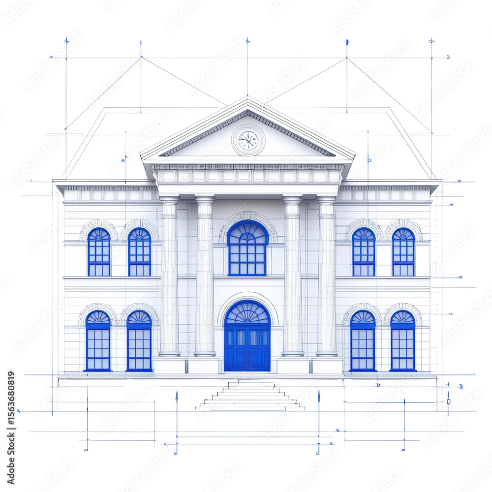 Poster architectural drawing of historic building with classic columns and symmetry, isolated on transparen