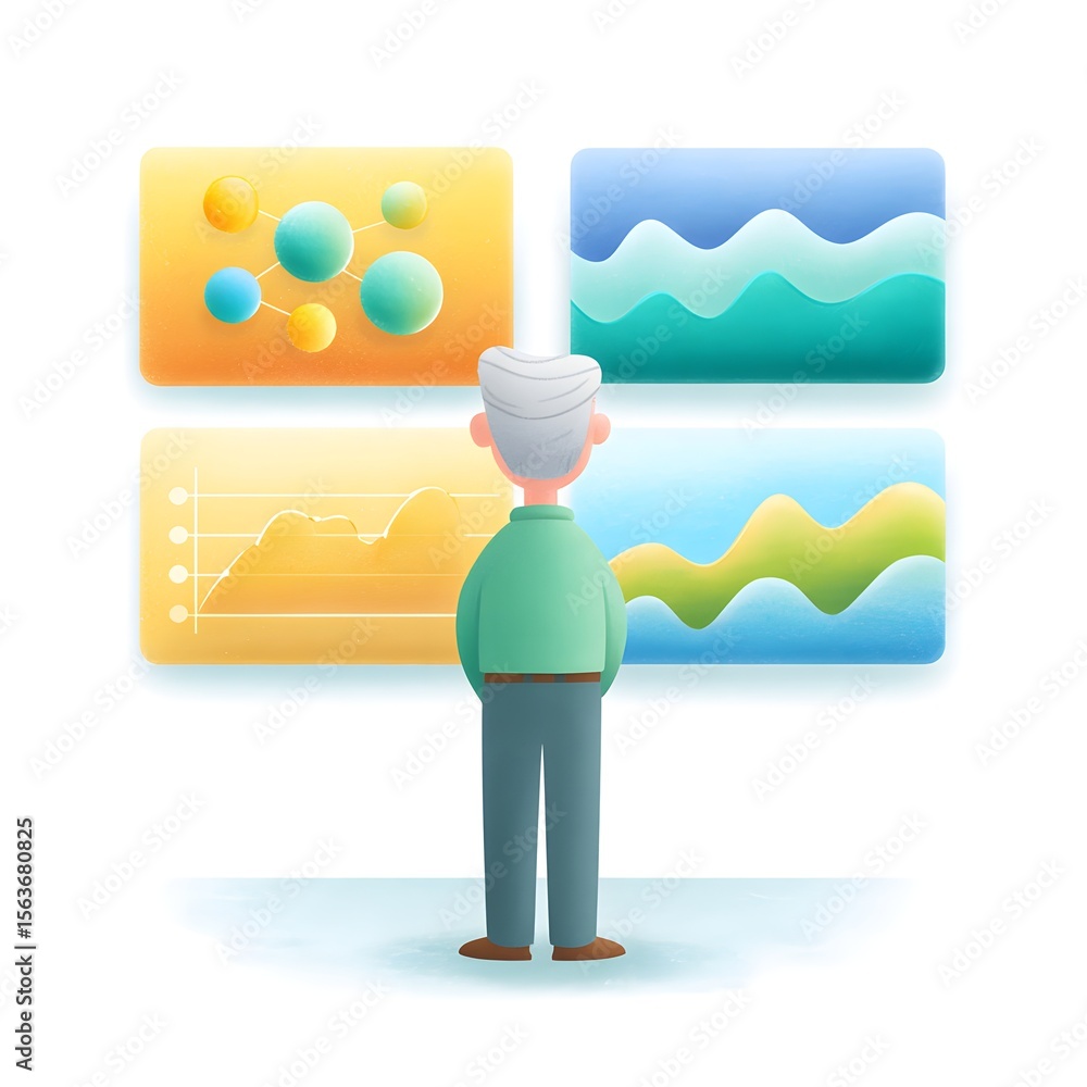 Poster a man with gray hair observes colorful data visualizations and graphs on screens, analyzing trends a