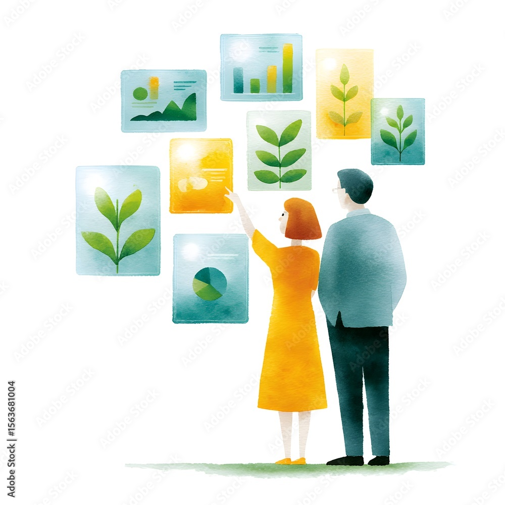 Poster two people analyze growth charts and data visualizations featuring plants and graphs on translucent 