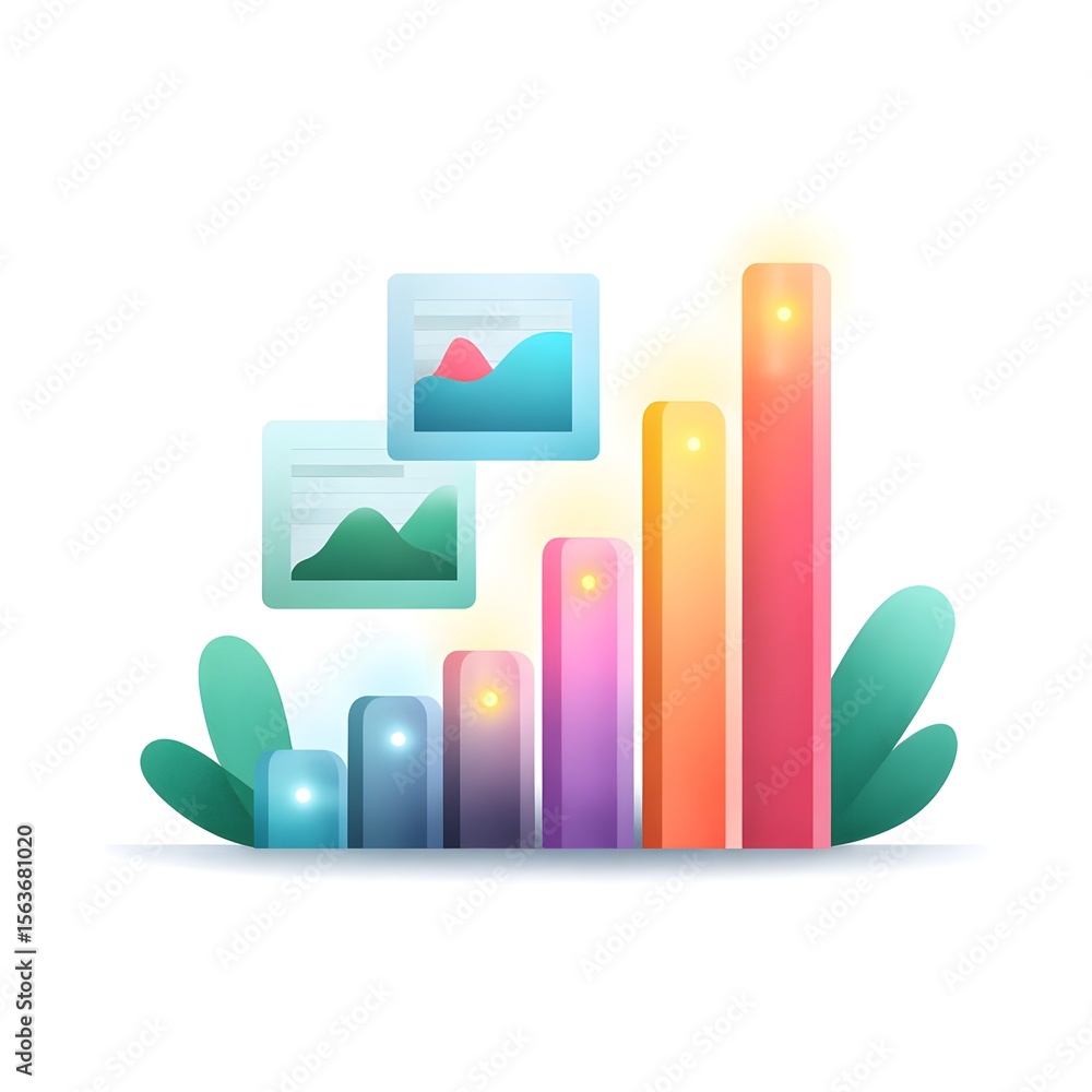 Aufkleber colorful 3d bar chart with upward trend and two floating line graph windows, surrounded by green lea