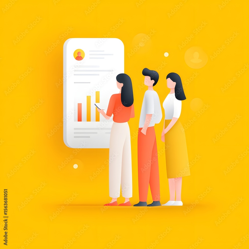 Aufkleber three people analyze a large digital profile with bar charts against a yellow background, symbolizin
