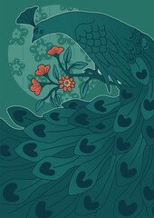 green and orange Peacock in Floral Harmony	