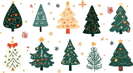 Collection of Whimsical Hand Drawn Christmas Trees with Decorative Elements on a White Background
