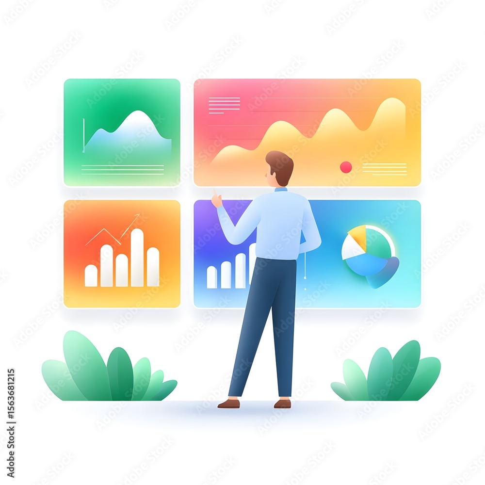 Poster a man analyzes colorful digital charts and graphs on floating screens, surrounded by plants, symboli