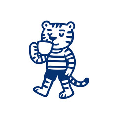 Cute tiger in striped shirt holding a coffee cup