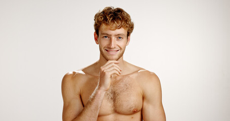 Portrait, man and smile for skincare, studio and dermatology for smooth skin, glow and mockup...