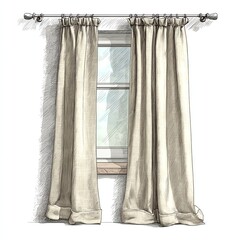 Sketch of curtains framing a window in a simple setting.
