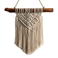 Macramé wall hanging with natural fibers and wooden rod.