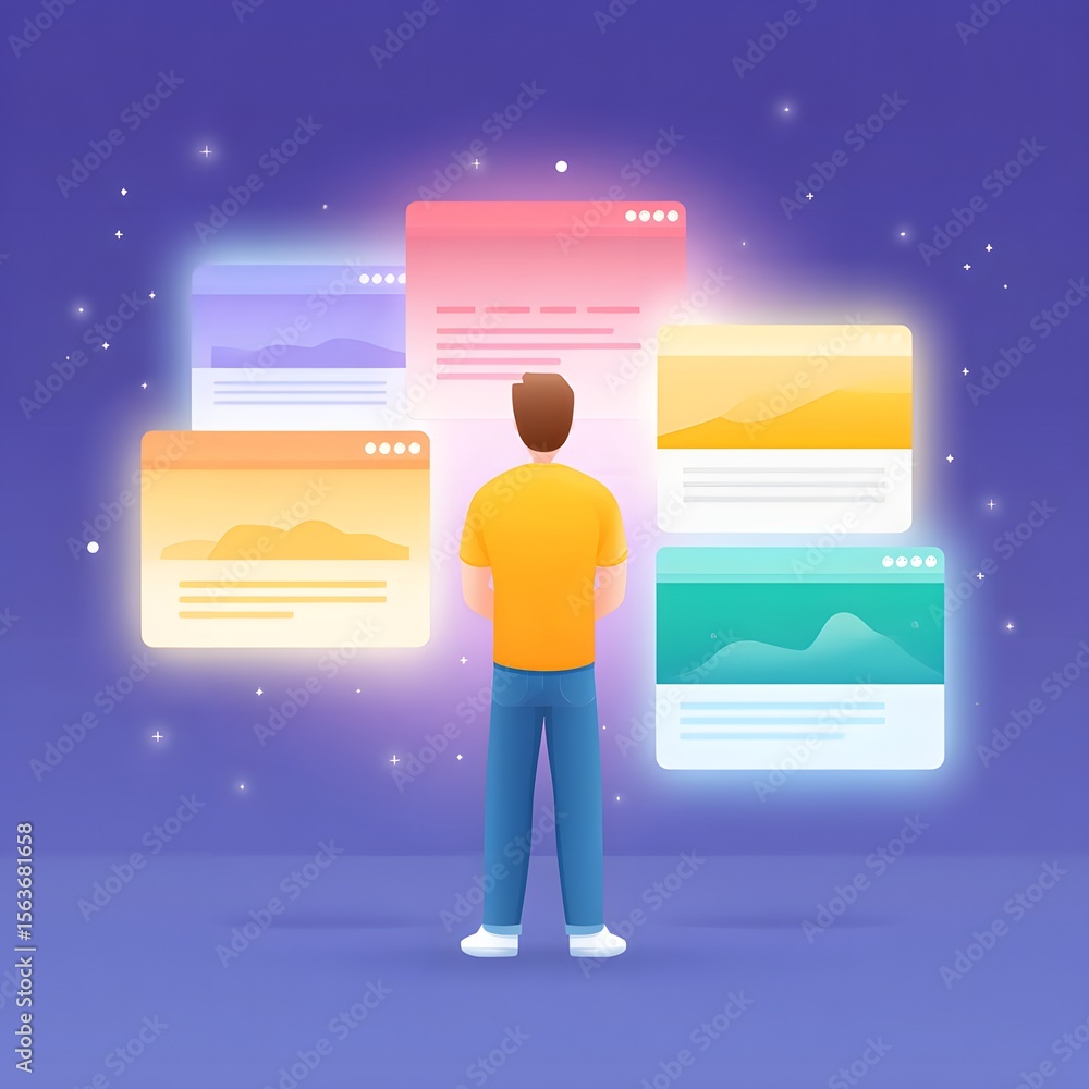Poster a person stands facing multiple glowing digital windows, symbolizing multitasking or managing variou