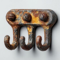Rusty wall hooks with a vintage design and three curved ends.
