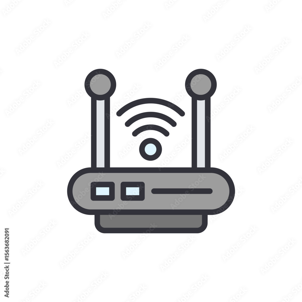 Poster stylized graphic of a wireless router with antennas and signal indicator