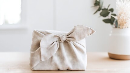 Soft fabric gift wrapped in a neutral-colored cloth with a decorative bow, placed on a wooden table, surrounded by a minimalist decor and a vase of dried flowers