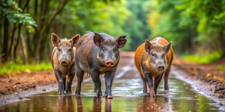 Three wild hogs walking along a forest path, reflecting in a puddle of water