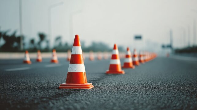 Traffic cones aligned on an empty paved road outdoors
