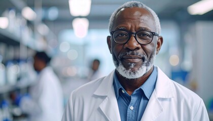 Senior Black Scientist Lab Portrait with Research.