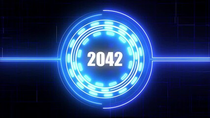 2042 text with screen effects of technological failures. Concept of counting years. New Year celebration. Future and futuristic technology concept