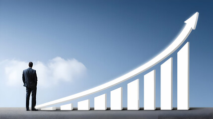 Obraz premium overlaying businessman standing proud with rising trend in background