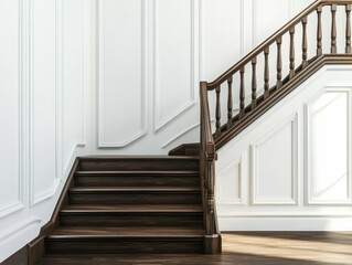 high resolution image of Dark wooden stairs in a white wall hall picture high detail