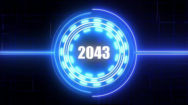 2043 text with screen effects of technological failures. Concept of counting years. New Year celebration. Future and futuristic technology concept