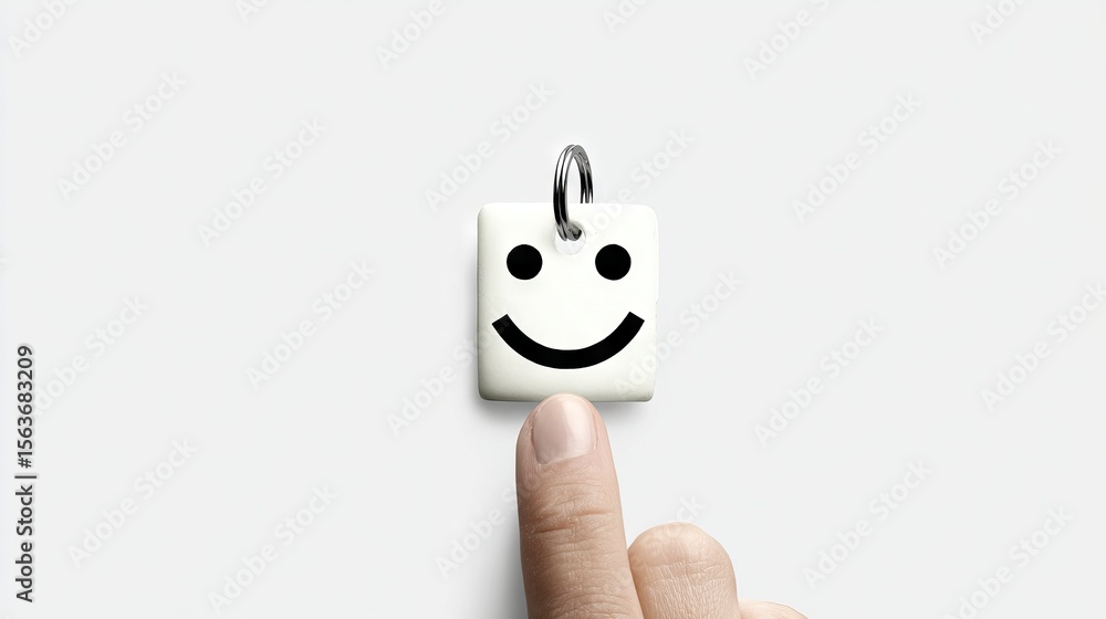 Poster hand reaching towards a white square keychain with a smiling face design, symbolizing positivity and